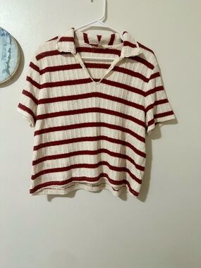 Polo Madewell Bali Polo Shirt Women's Red Striped Crochet Short Sleeve GBO1269